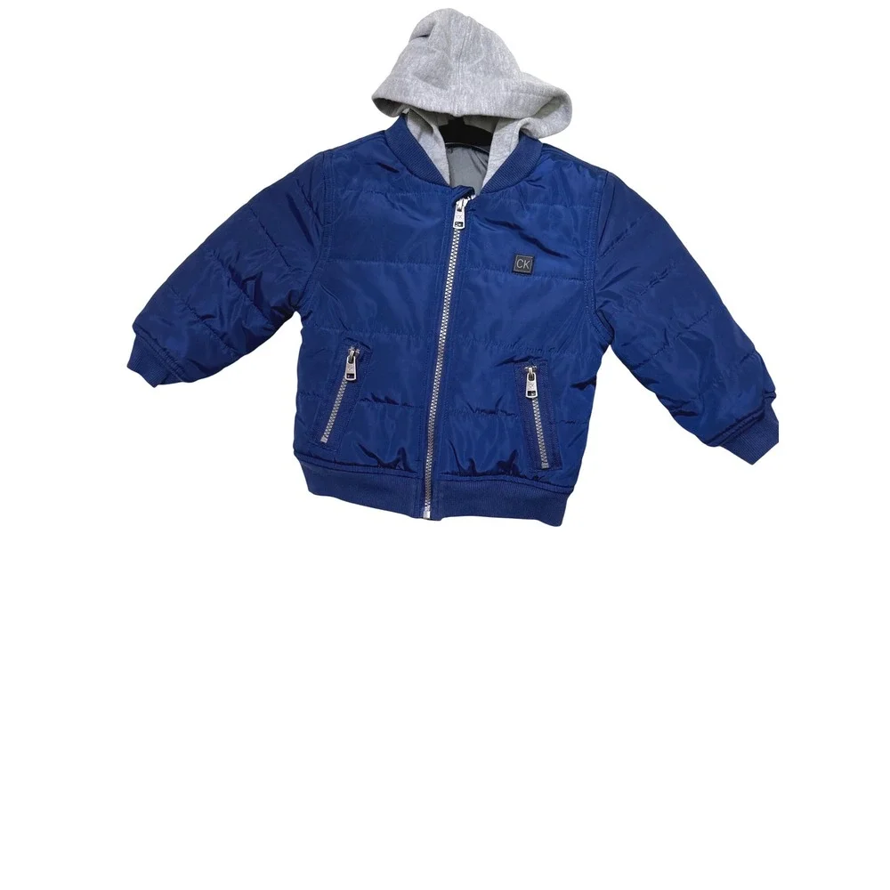 Calvin Klein Jeans Boys Royal Blue Quilted Puffer Jacket with Gray Hood 24M